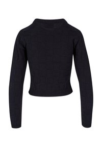 Zwart gebreid sweater met een structuurpatroon in ruiten, cropped ontwerp, lange mouwen en een ribbelzoom en kraag.