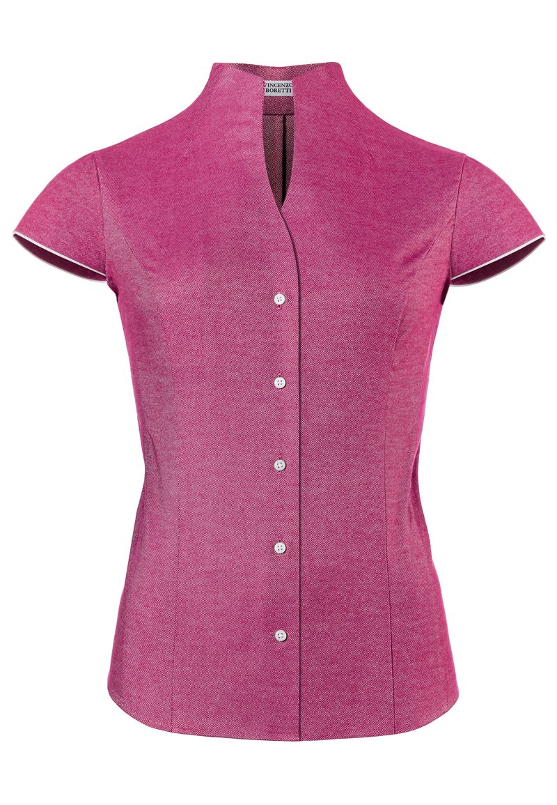Figurbetontes rosa Kurzarmhemd mit Stehkragen, aus strukturiertem Stoff, mit sieben weißen Knöpfen und kontrastierenden weißen Akzenten an den Ärmeln.