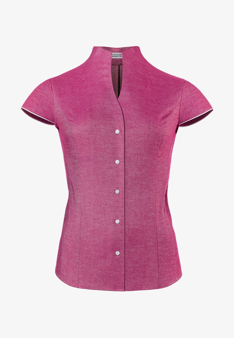 Figurbetontes rosa Kurzarmhemd mit Stehkragen, aus strukturiertem Stoff, mit sieben weißen Knöpfen und kontrastierenden weißen Akzenten an den Ärmeln.
