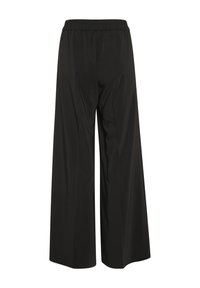 Schwarze weit geschnittene Hosen mit elastischem Bund, die eine glatte Textur haben und keine sichtbaren Muster oder Metallteile aufweisen. Rückansicht dargestellt.