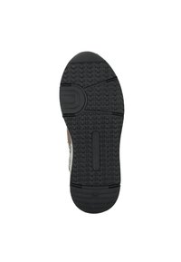 Zwarte rubberen zool met een gestructureerd loopvlakpatroon, voorzien van een centrale groef voor flexibiliteit en een ronde hak voor comfort.