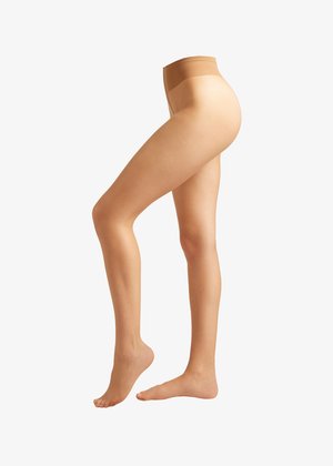 Beige, sheer tights with a smooth texture and a high waistband, showcasing a leg pose from the side, emphasizing the natural skin tone.
