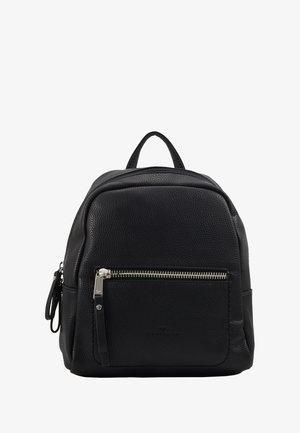 Schwarzer Leder-Rucksack mit strukturiertem Finish. Verfügt über einen oberen Griff, eine vordere Reißverschlusstasche und silberne Hardware-Details. Kompaktes und strukturiertes Design.