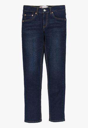 Dark blue denim jeans with a slim fit, featuring gold stitching, five pockets, and a button closure at the waist. Smooth texture.