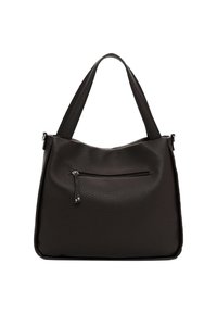 Black leather handbag with a textured surface, a zippered front pocket, and dual handles for carrying. Spacious and structured design.