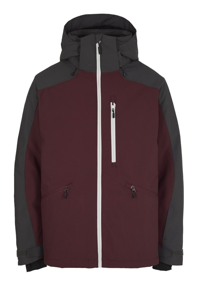 Bordeauxrotes und graues Skijackett mit einem Reißverschluss an der Vorderseite, verstellbare Kapuze, zwei Seitentaschen und einer Brusttasche. Glatte Stoffstruktur, normale Passform.