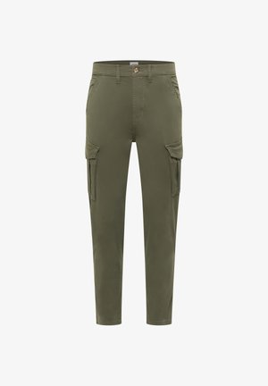 Olivgrüne Cargohosen mit seitlichen Klappentaschen, vorderen schrägen Taschen, Gürtelschlaufen und einem Knopfverschluss.