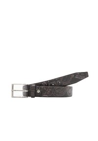 Cintura in materiale testurizzato nero con motivi a rilievo stampati, fibbia in metallo argento e finitura liscia.