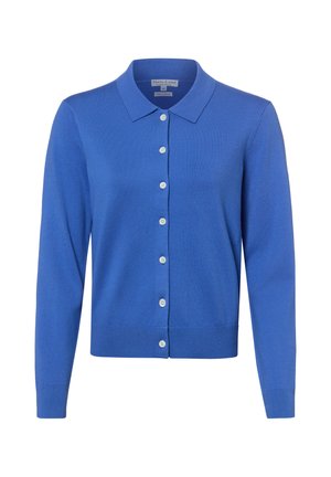 Cardigan bleu à manches longues avec boutons, col pointu et boutons blancs, présenté de face sur fond blanc.