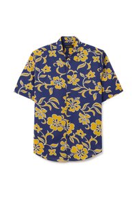 Camisa de manga corta con fondo azul y grandes patrones florales amarillos. Con cuello abotonado y corte estándar, fabricada en algodón.