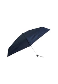 Parapluie pliant bleu marine avec une toile en tissu lisse, un cadre métallique et une poignée en plastique noir. Dispose d'un design compact pour une meilleure portabilité.