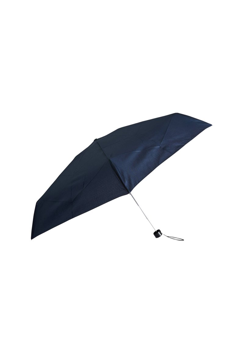 Parapluie pliant bleu marine avec une toile en tissu lisse, un cadre métallique et une poignée en plastique noir. Dispose d'un design compact pour une meilleure portabilité.