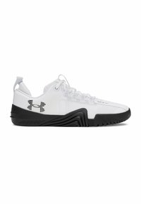 Zapatillas deportivas blancas con parte superior de malla, suela de goma negra y logo negro distintivo en el costado. Presentan una punta redondeada y un talón estructurado.