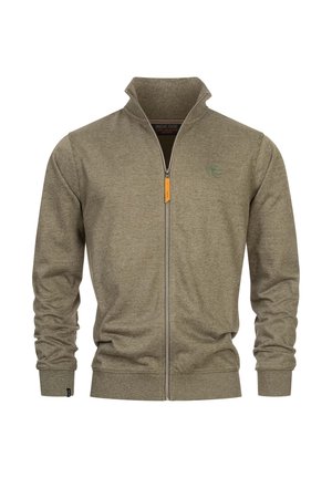 Olivgrüne Zip-Jacke mit hohem Kragen, gerippter Textur und einem dezenten Streifenmuster. Verfügt über ein Logo auf der Brust und einen kontrastierenden Reißverschluss-Zipper.