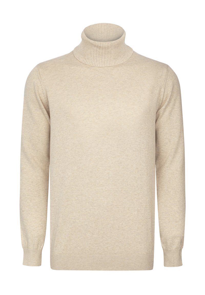 Beige Rollkragenpullover aus weichem Stoff, mit langen Ärmeln, geripptem Hals und Bündchen, sowie einer glatten, strukturierten Oberfläche.