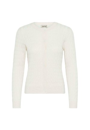 Hvit strikket cardigan med rund hals, lange ermer og knapping foran. Har et teksturert kabelmønster gjennom hele plagget.