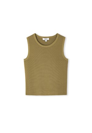 Khakifarbener ärmelloser Top mit rundem Ausschnitt, ausgestattet mit einer gerippten Textur. Einfaches Design, ohne Verzierungen oder Muster. Weicher Stoff.