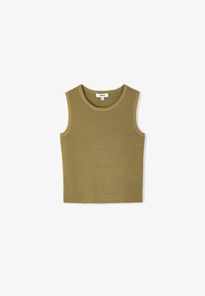 Khaki sleeveless top with a round neck, featuring a ribbed texture. Simple design, no embellishments or patterns. Soft fabric.