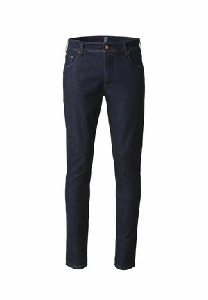 Donkerblauwe spijkerbroek met een slanke pasvorm, voorzien van riemlussen, een ritssluiting en vijf zakken. Stikselaccenten zijn zichtbaar.