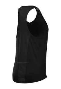 Svart ärmlös träningslinne med andningsbara meshpaneler, rund halsringning och en böjd nederkant för en avslappnad passform.