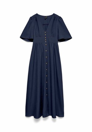 Robe midi bleu marine avec manches courtes volantées, col en V, taille cintrée et fermeture boutonnée à l'avant avec de petits boutons marron.