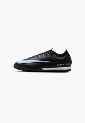 Scarpe sportive nere con una tomaia in pelle liscia, dettagli azzurri, un design elegante e il marchio AIR ZOOM sul tallone e sul lato.