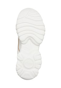 Semelle de chaussure blanche avec rainures courbées et motif de bande de roulement texturé pour l'adhérence, montrant le nom de la marque embossé au centre.