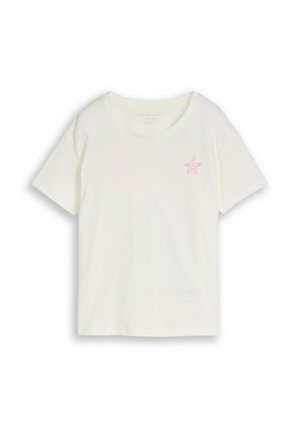 Witte T-shirt met korte mouwen, een ronde hals en een kleine roze zeesterafbeelding op de linkerborst.