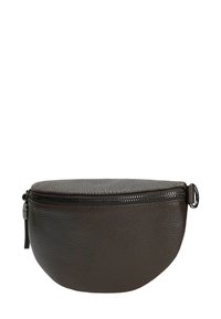 Braune Leder-Tasche mit runder Form und strukturierten Oberflächen. Verfügt über einen Reißverschluss und einen geschliffenen Hardware-Akzent an der Seite.