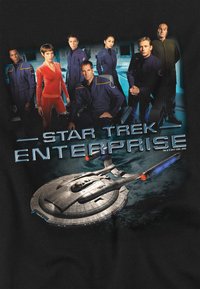 Black t-shirt featuring "Star Trek Enterprise" graphic with a starship and crew members in blue and red uniforms, showcasing a detailed design.