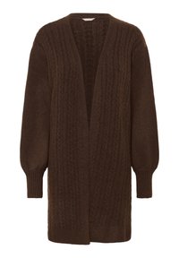 Brauner gestrickter Cardigan mit tiefem V-Ausschnitt, Zopfmuster und langen Ärmeln. Verfügt über gerippte Bündchen und ein offenes Design.