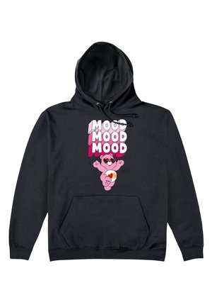 Sort hætte sweatshirt med grafisk tryk af teksten "MOOD" i pink og en pink bjørn med hjerteformede solbriller. Inkluderer en frontlomme.