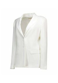 Blazer bianco con rever a punta, chiusura a un bottone e due tasche frontali. Realizzato in tessuto liscio con vestibilità sartoriale.