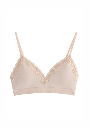 Bralette con pizzo in beige chiaro, caratterizzato da una texture a coste, spalline sottili e scollatura a V. Realizzato in un tessuto morbido e flessibile.