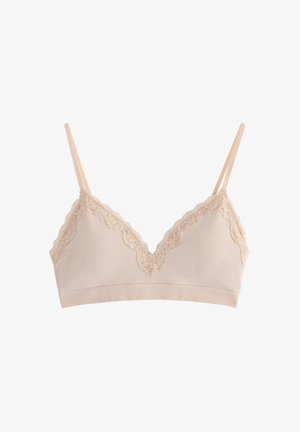 Blonde bralette med blondekanter, i lys beige, med ribbet tekstur, tynde stropper og V-formet halsudskæring. Blødt, fleksibelt stofkonstruktion.