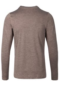 Langärmliges Shirt in Hellbraun, aus strukturiertem Stoff mit schlichter Gestaltung. Verfügt über einen Rundhalsausschnitt und gestickte Details entlang der Nähte.