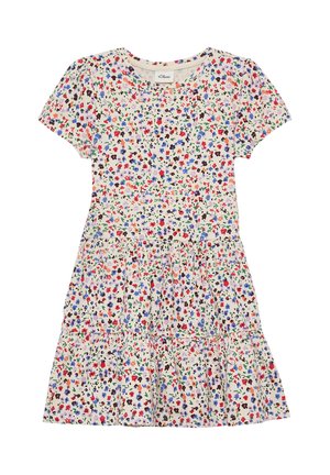 Bawełniana sukienka z krótkim rękawem, warstwowa, z nadrukiem drobnych wielokolorowych kwiatów na jasnobeżowym tle.