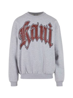 Gray sweatshirt with long sleeves and ribbed cuffs, featuring a large red graphic print of the word "Kani" on the front.