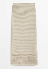 Jupe midi beige tricotée avec une silhouette droite et un motif en maille ajourée plus large près de l'ourlet.