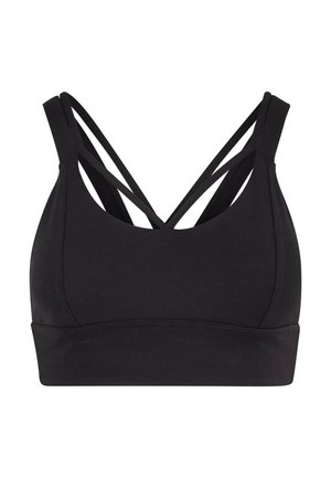 Soutien-gorge de sport noir en tissu lisse, avec des bretelles larges et un design en croix dans le dos. Style basique et sans ornements.