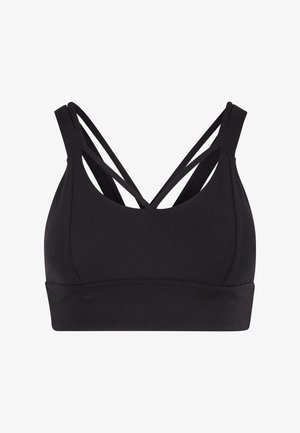 Čierny športový podprsenka s hladkým materiálom, širokými ramienkami a krížovým dizajnom na chrbte. Základný, neupravovaný štýl.