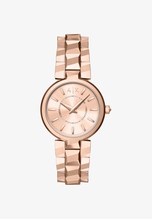 Roségouden horloge met een ronde wijzerplaat, een gestructureerde band met geometrische schakels, simpel ontworpen uurmarkeringen en een enkele kroon.