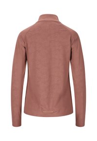Langærmet pullover i støvet rosa med en subtil tekstureret mønster og "ENDURANCE" tekst nær bunden af kanten, vist fra bagsiden.