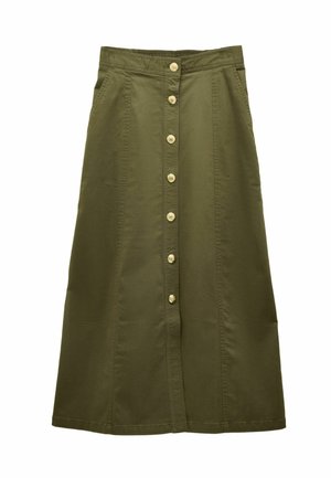 Olivgrüner Baumwoll-Midirock mit durchgehender Knopfleiste, fünf großen cremfarbenen Knöpfen, seitlichen Taschen und glatter Textur.