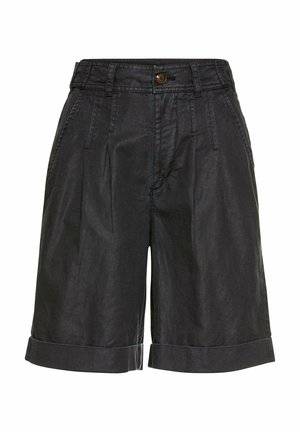 Zwarte linnen shorts met een geplooide voorkant, een knoopsluiting, steekzakken en opgerolde zoom. Gladtextuur en een ontspannen ontwerp.
