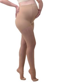 Collant beige trasparenti con una texture liscia e una fascia in vita ampia, caratterizzati da un design con piede e una costruzione senza cuciture che esalta l'aspetto delle gambe.
