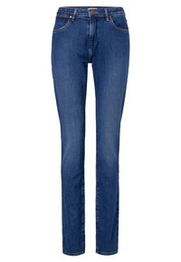 Tmavě modré skinny džíny s předními kapsami, poutky na opasek a knoflíkovým zapínáním v pase.