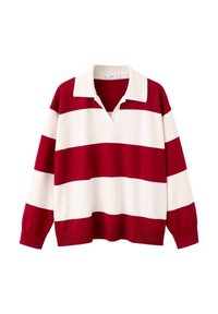 Maglia da rugby a maniche lunghe con ampie strisce orizzontali rosse e bianche e colletto bianco su sfondo bianco.