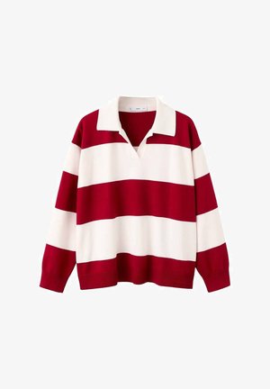 Langärmeliges Rugby-Shirt mit breiten horizontalen roten und weißen Streifen und weißem Kragen vor weißem Hintergrund.