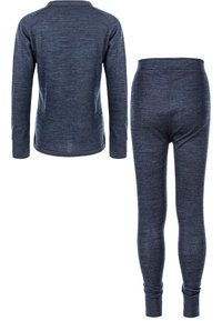 Dunkelblaues Set aus langärmligem Oberteil und Leggings. Weicher, strukturierter Stoff mit gerippten Bündchen und Taillenbändern. Runder Halsausschnitt am Oberteil.